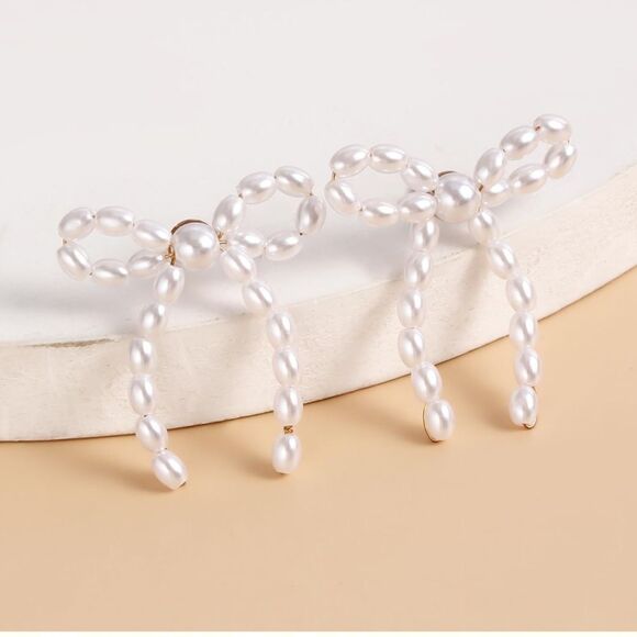 New Elegant Gold Handmade Pearl Bow Knot drop Stud Wedding Formal Party Earrings - Picture 2 of 4